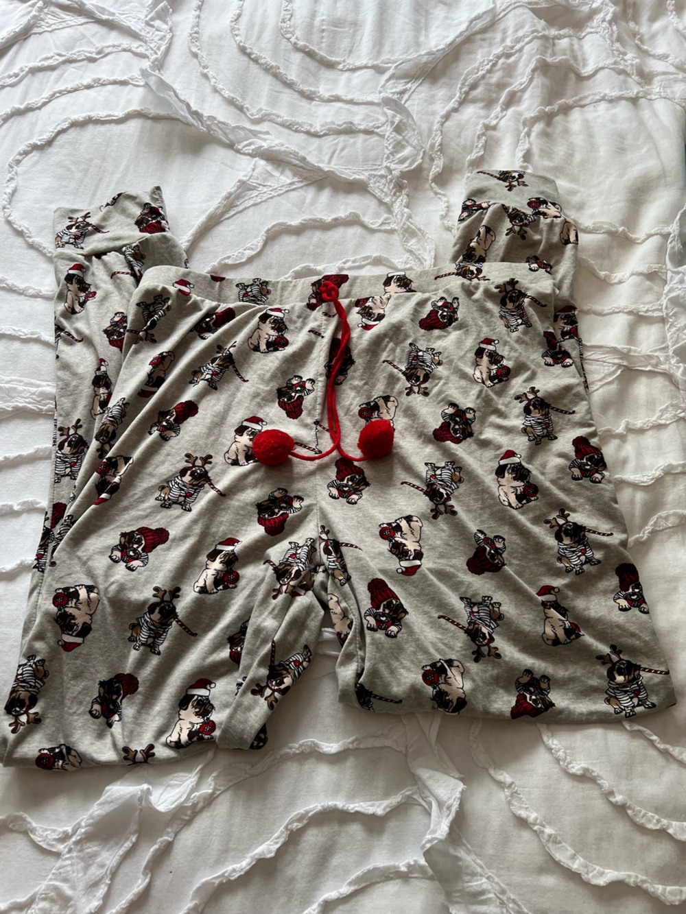 Cozy Gray Holiday Dog Print Lounge Pants with Red Pom Drawstring